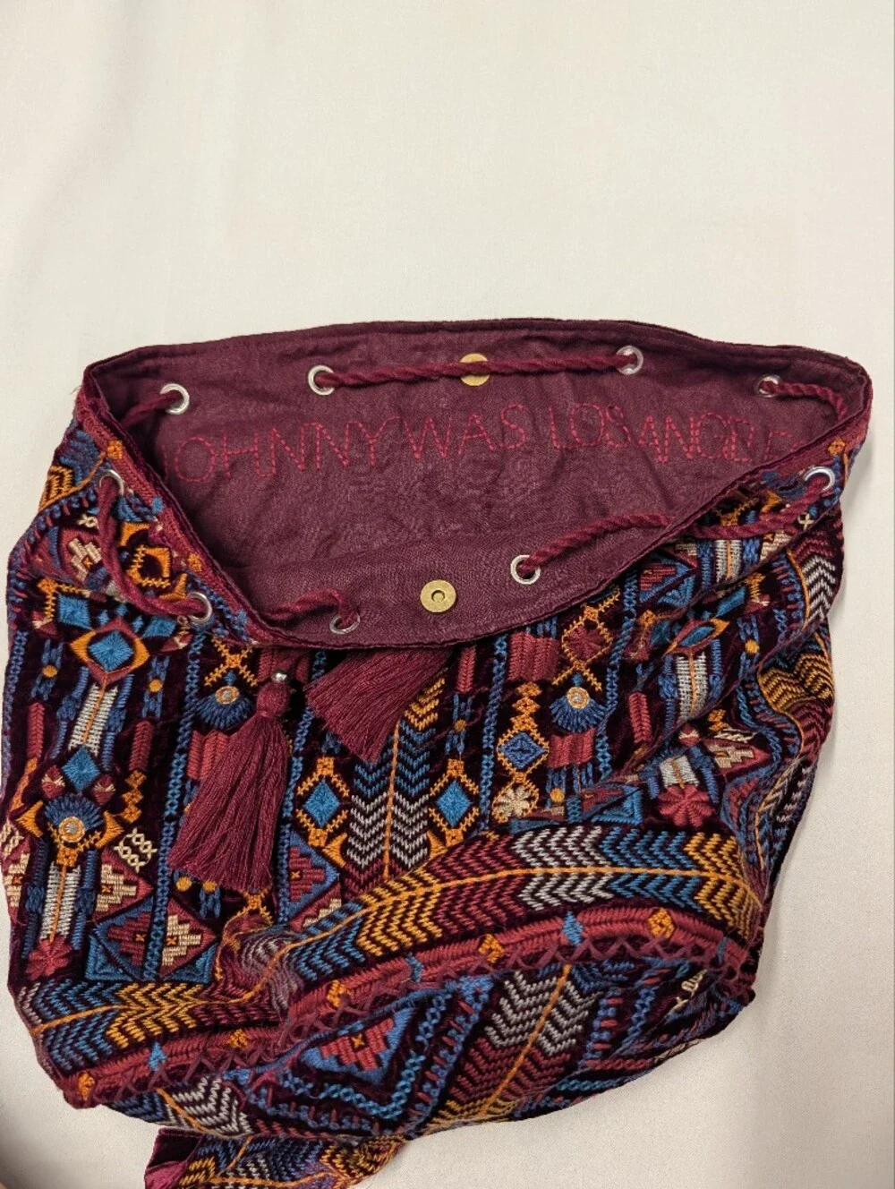 Johnny Was Burgundy Multi Boho Geometric Embroidered Drawstring Backpack Bag